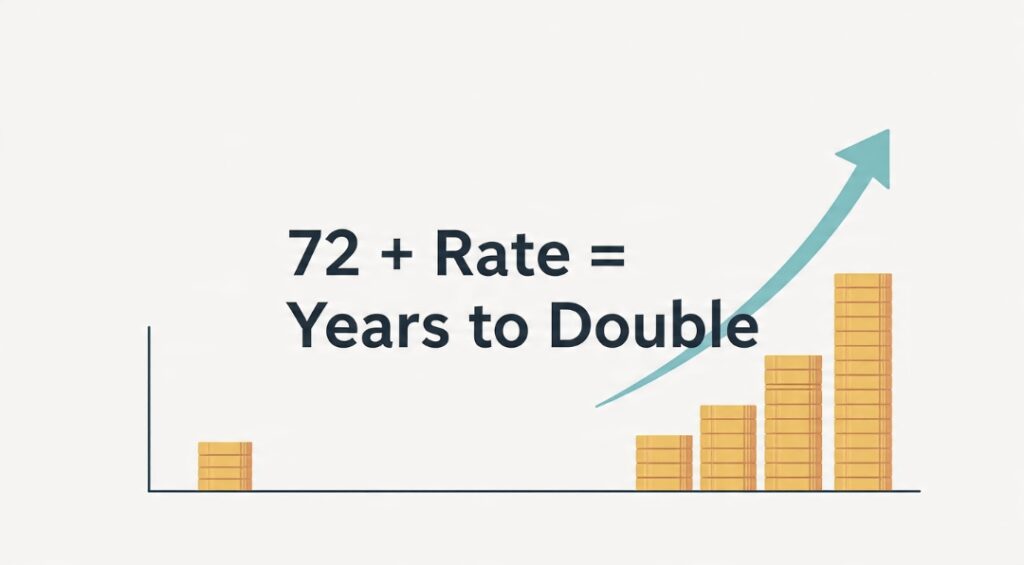 The Rule of 72 formula showing years to double equals 72 divided by the annual rate of return