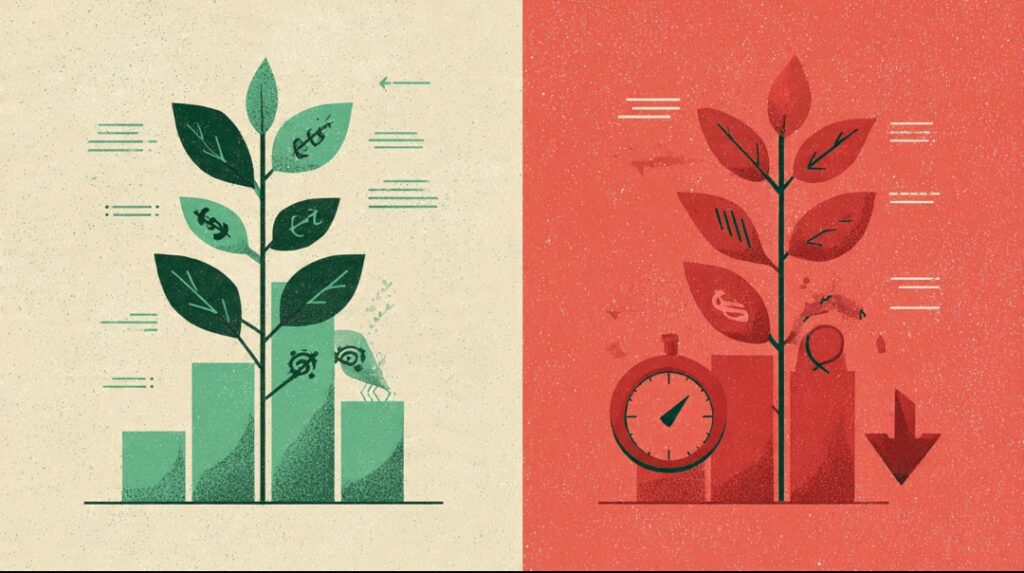 Comparison showing money doubling through compound growth versus money losing value over time through inflation