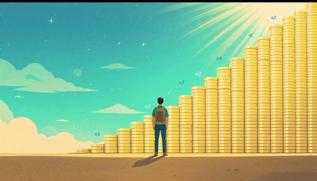 A person viewing a rising staircase of coins representing money doubling repeatedly through long-term compounding