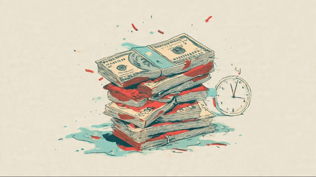 : A stack of money shrinking over time to represent inflation eroding the purchasing power of savings