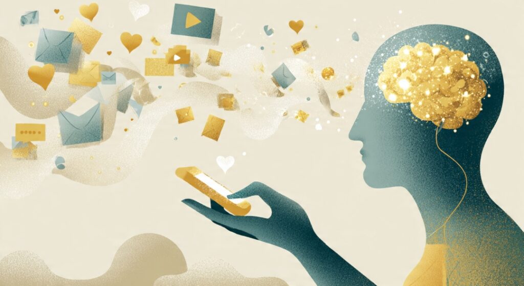 A brain surrounded by digital notifications representing constant stimulation pulling at a person's attention