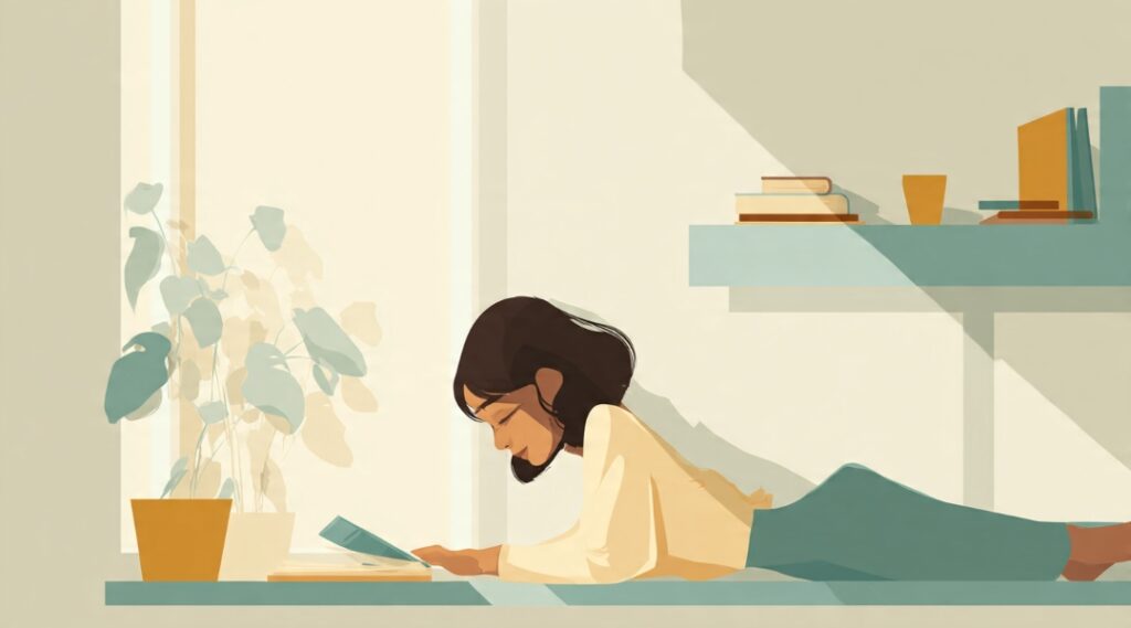 A person calmly focused on meaningful work with their phone deliberately out of reach