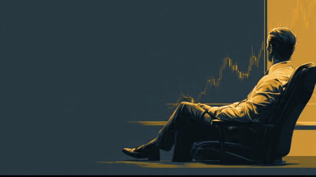 A disciplined trader calmly letting a move pass instead of chasing it, guided by a plan