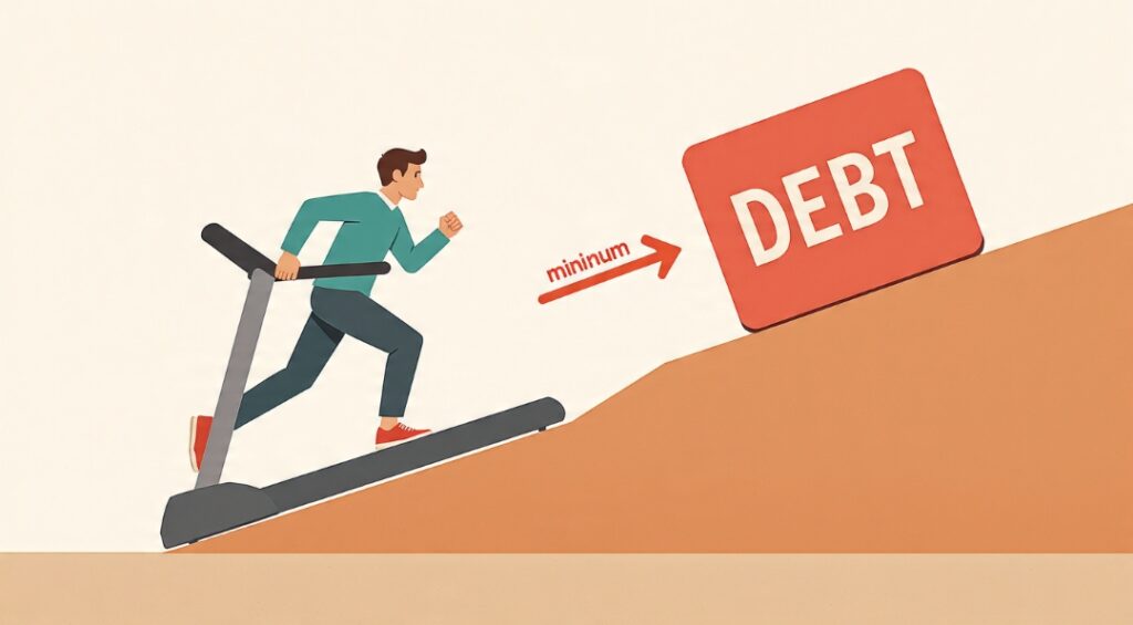  A person running on a downhill treadmill representing how minimum payments barely reduce a compounding debt