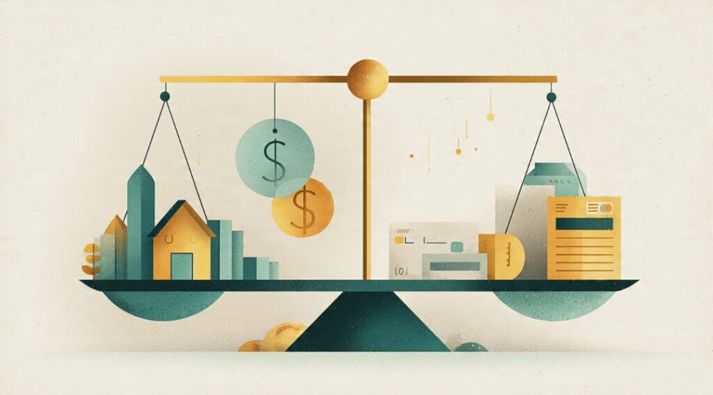 Assets on one side and liabilities on the other, showing how to calculate net worth as the difference
