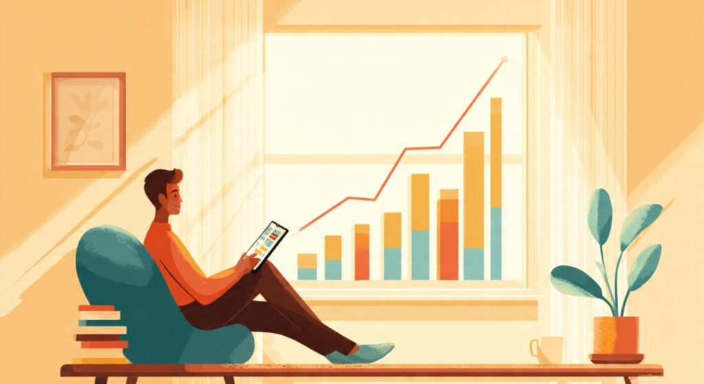 A person calmly tracking their net worth trend over time on a simple chart