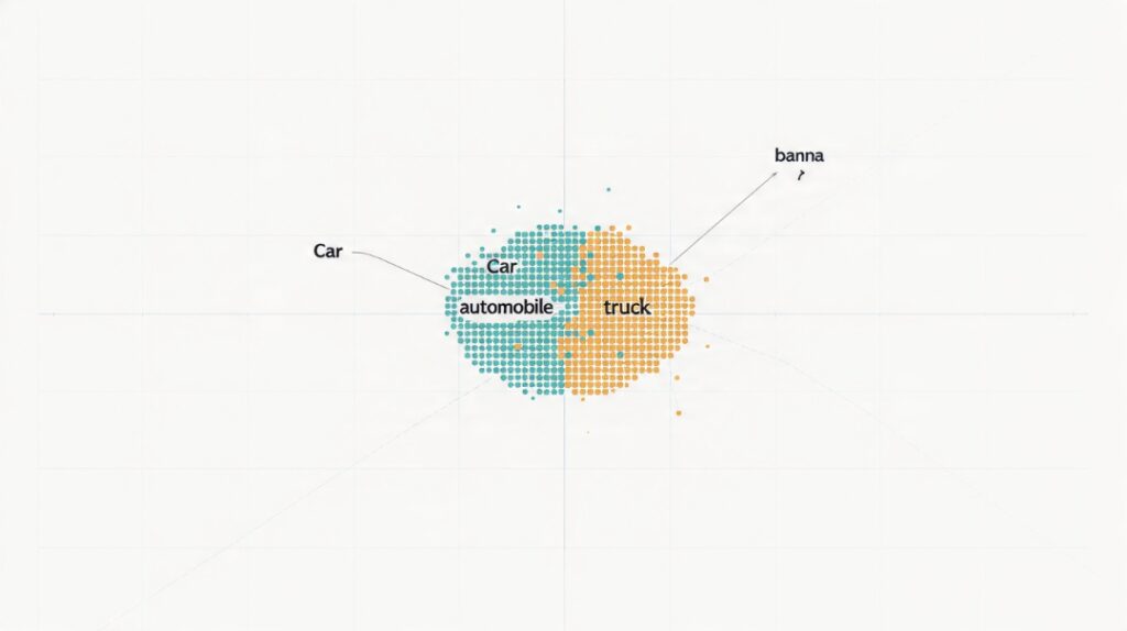 An embedding space where words with similar meaning cluster close together and unrelated words sit far apart