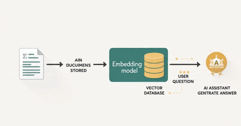  pipeline turning documents into embeddings stored in a vector database, then retrieving the closest ones to answer a question