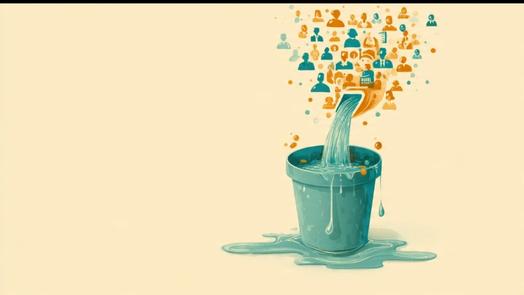 A leaking bucket showing new customers pouring in from the top while water and customer icons leak out through holes at the bottom, illustrating poor customer retention