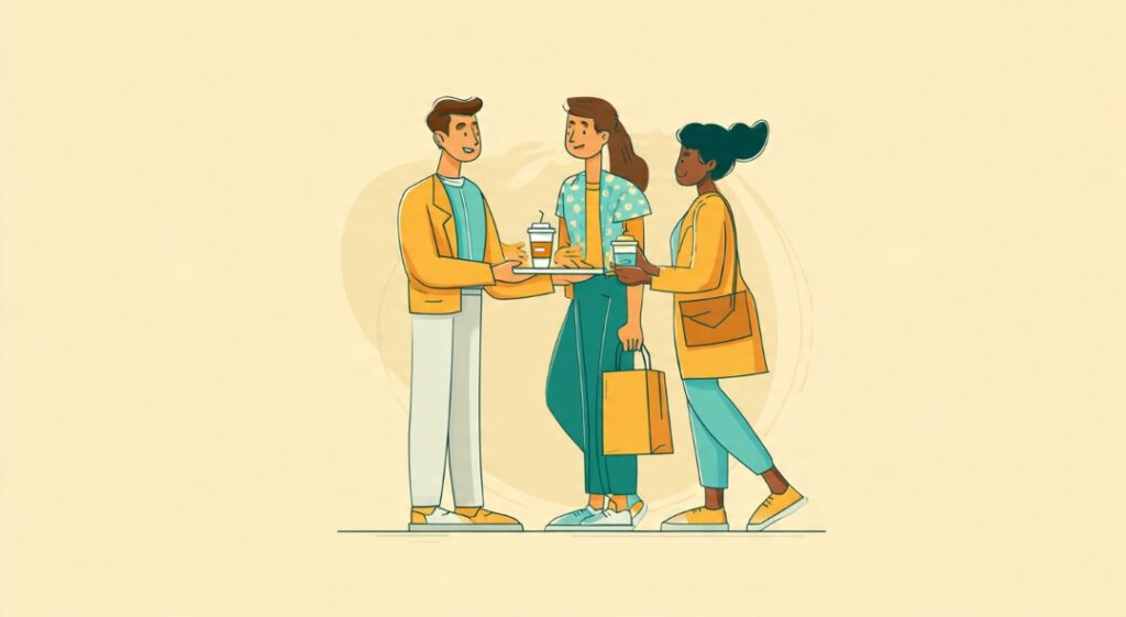 A loyal returning customer bringing a friend, showing how retention drives repeat business and referrals