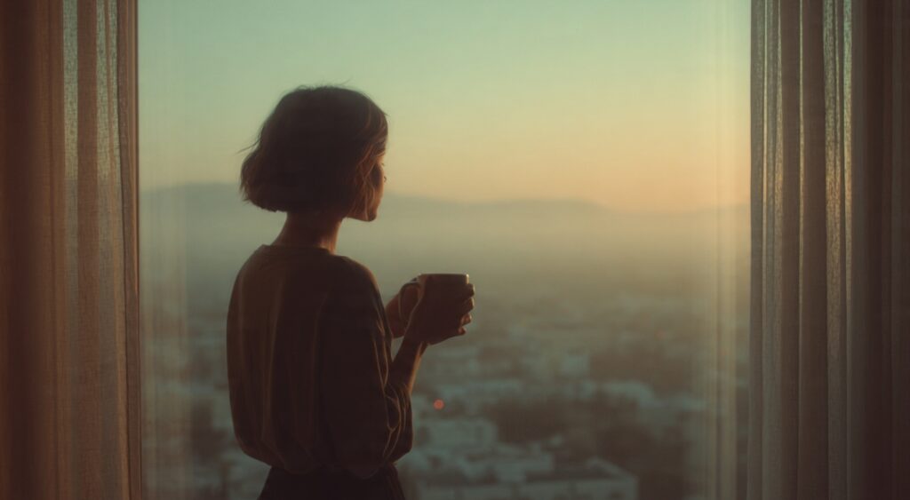 A person standing by a wide apartment window early in the morning holding a mug, looking out at a hazy city skyline, calm and unhurried mood