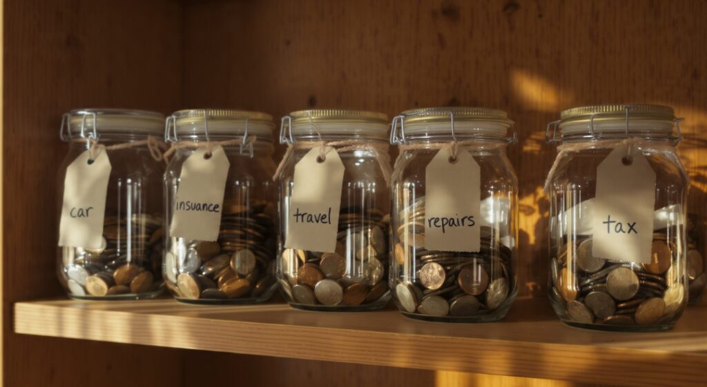 Labelled jars illustrating how sinking funds separate money by future expense