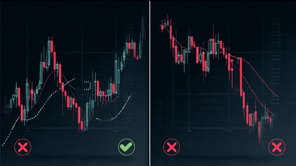 Comparison showing why turtle soup works in ranges and fails in strong trends